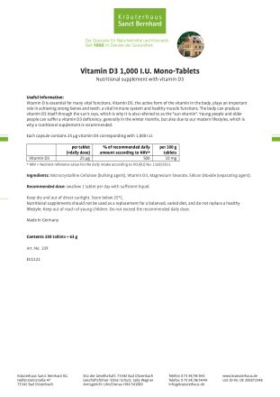 Vitamin D3 1,000 I.U. Mono Tablets 250 tablets