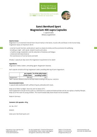 Magnesium 400 supra Capsules 120 capsules for 4 months