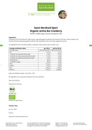 Organic Active Bar Cranberry Cranberry: 40 g