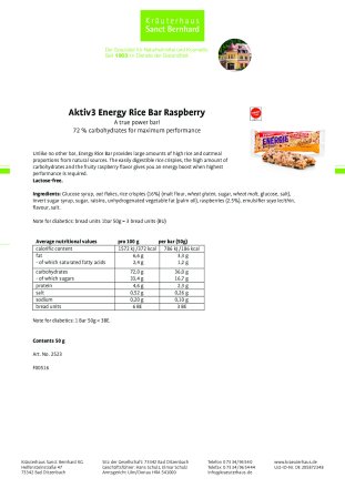 Energy Rice Bar Raspberry: 50 g